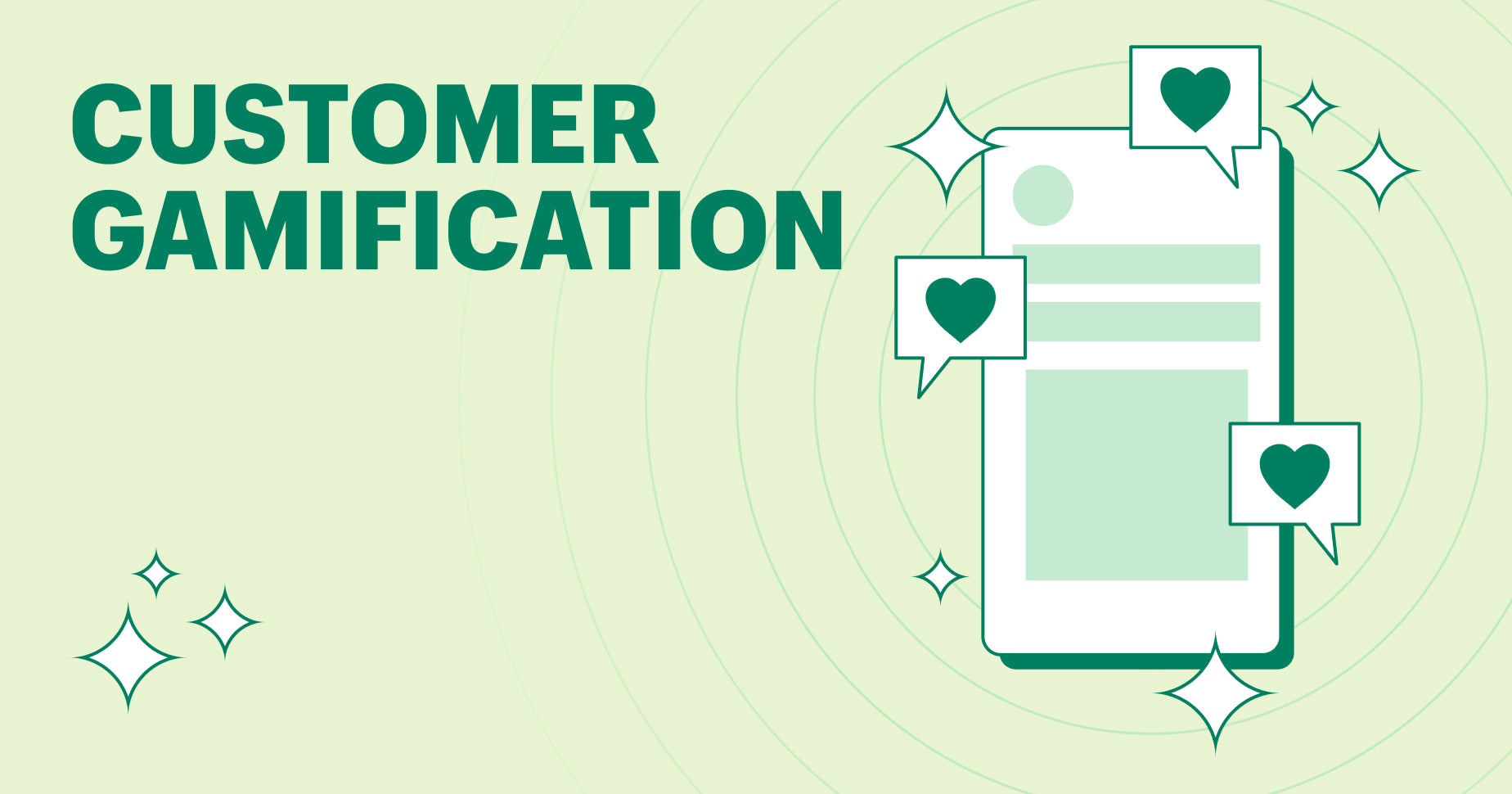 A light green background with the text "customer gamification," along with a vector illustration of a phone screen with likes and emojis