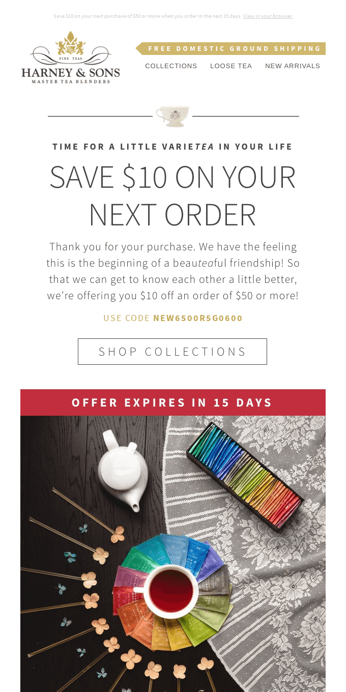 Purchase confirmation email from Harney & Sons, which contains a $10 coupon code for their next purchase.