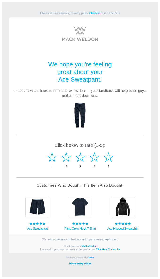 Email from Mack Weldon showing the item a customer bought with a five-star rating system and product recommendation wheel.