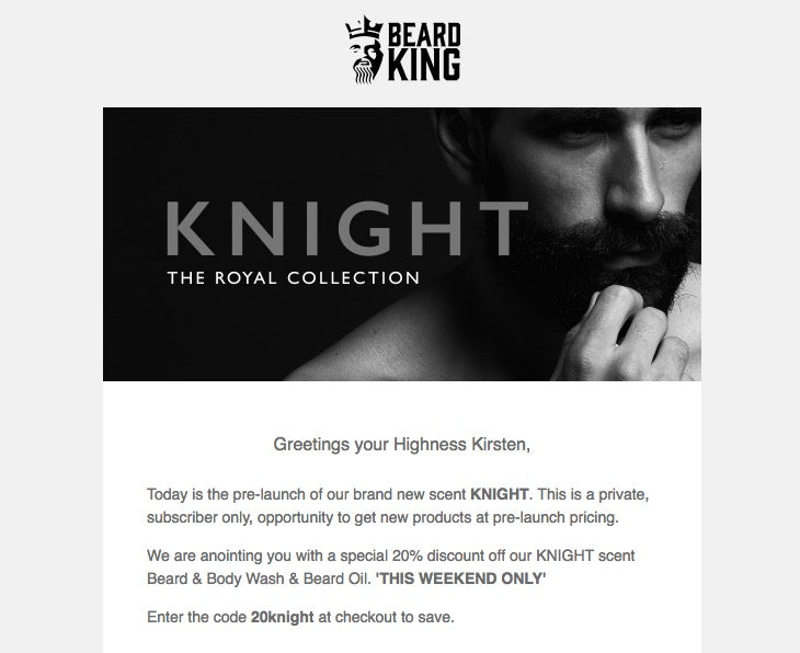 Email form Beard Knight announcing its new beard oil with a 20% discount code.