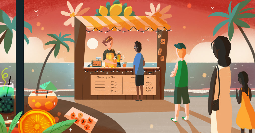 提高顾客留存率的策略:人们在果汁摊排队购买，背景是热带海滩