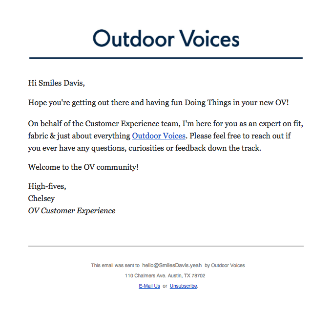 Outdoor voices example customer service email during a holiday rush