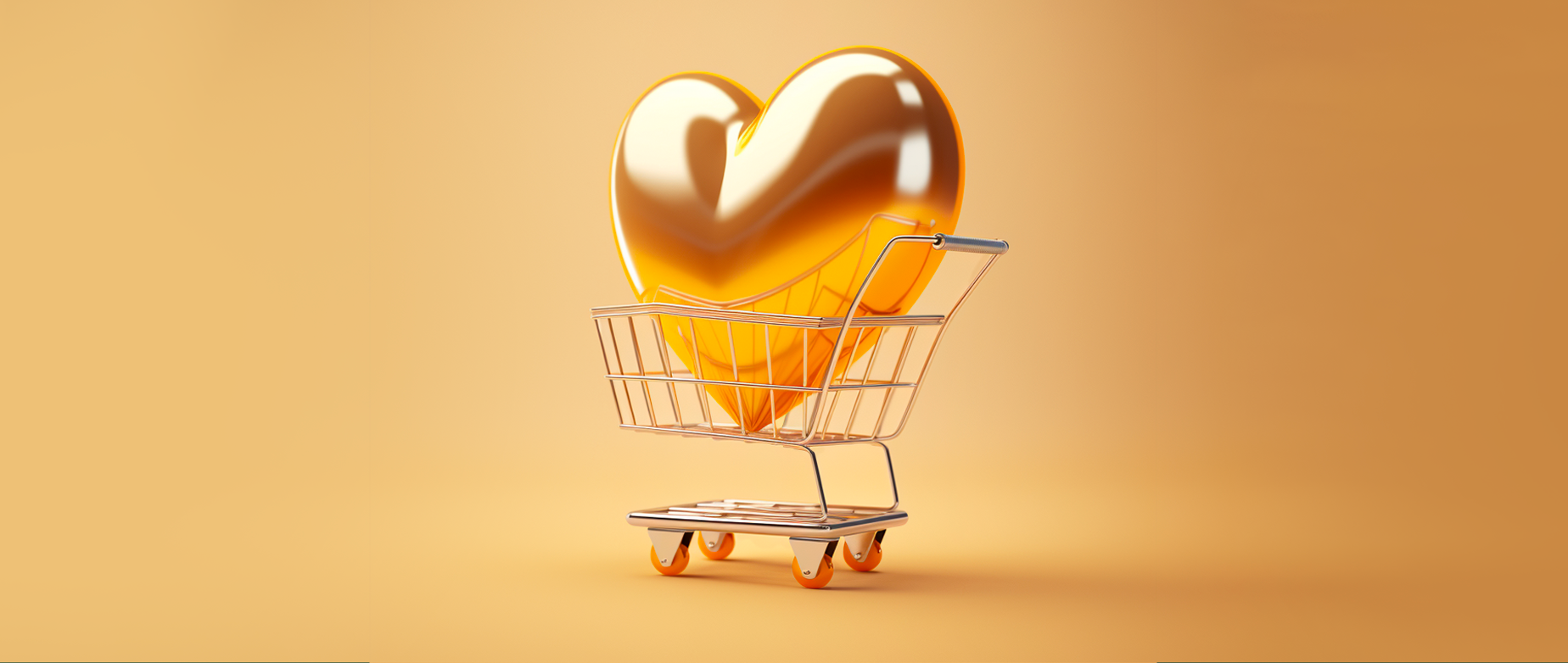 A gold heart in a shopping cart on a gold background.