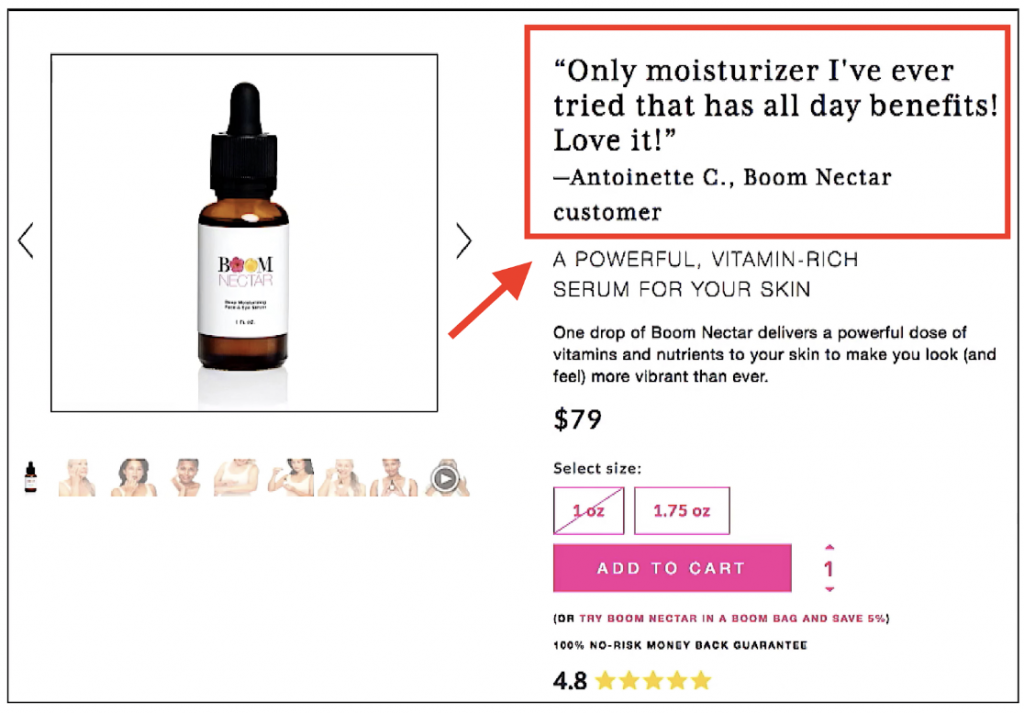 Product listing with image to left, it also includes a customer review above the product title.