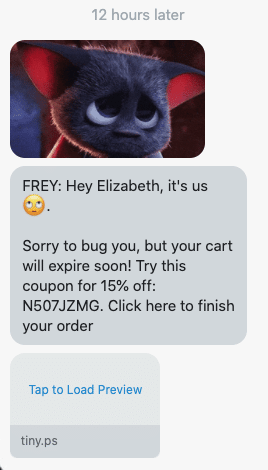 An SMS message contains an image of a cute sad puppy and a nudge to return to the store.