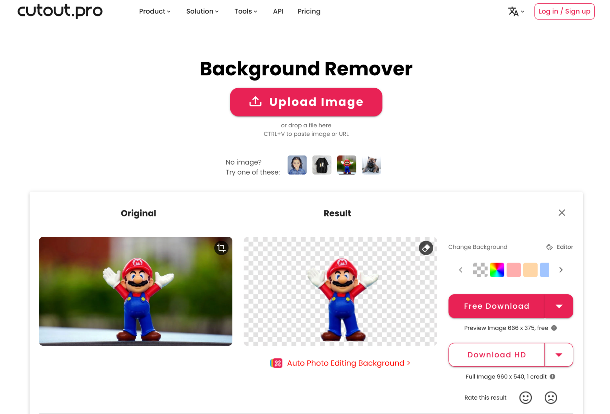 Cutout.pro background remover dashboard showing image of Mario toy being edited.