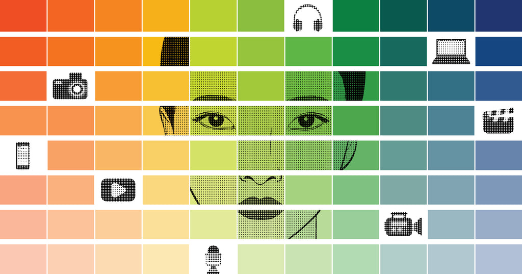 Illustration of a person's faces segmented by multicolor boxes and surrounded by icons of different media types and creator platforms