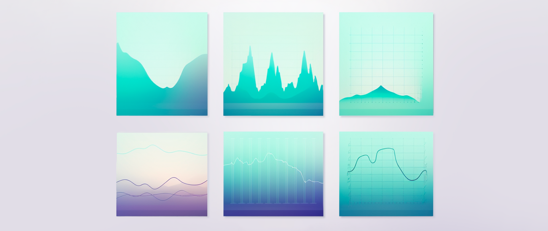 Six blue and purple graphs next to each other on a light purple background.