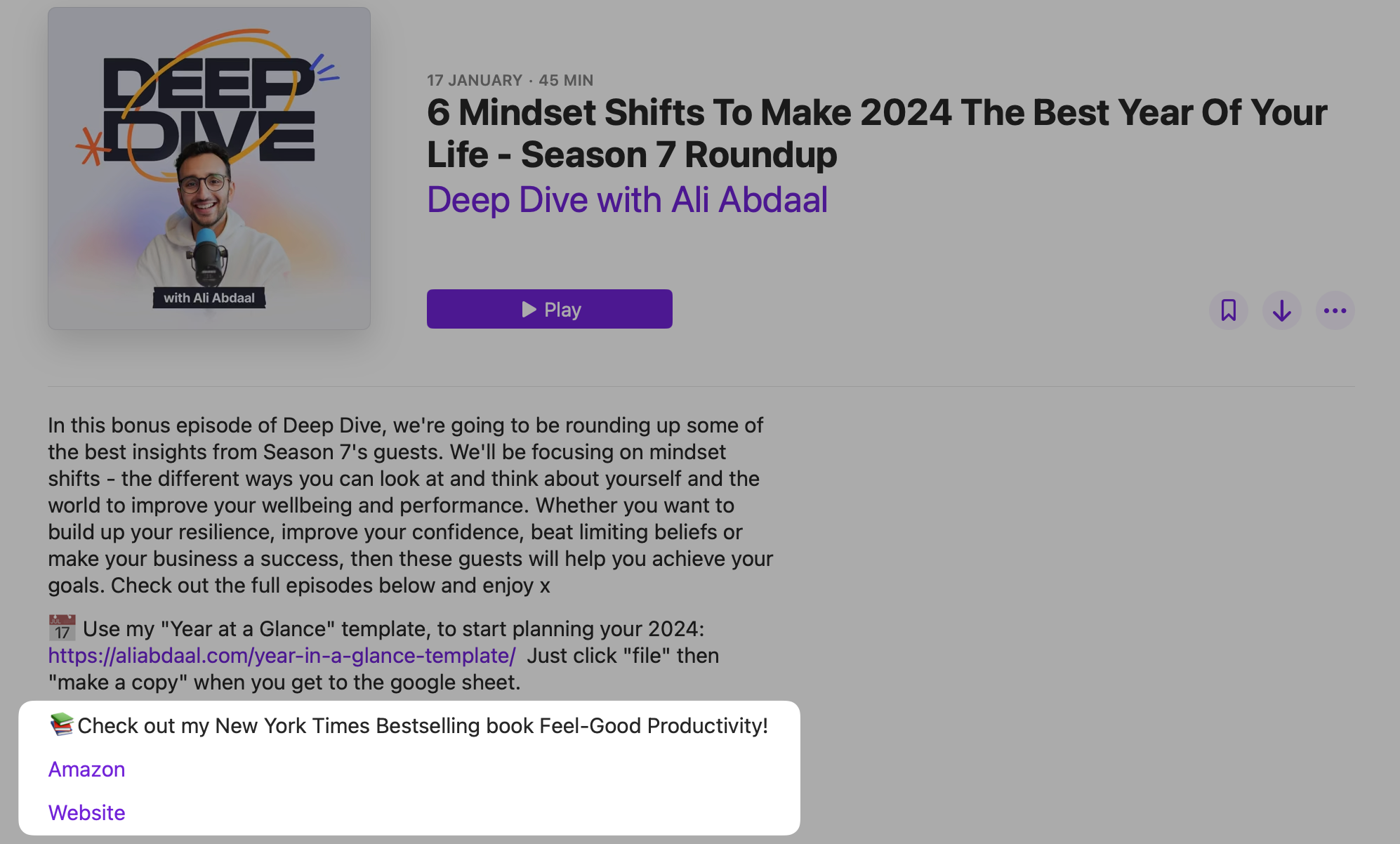Apple Podcasts listing for a Deep Dive podcast episode that promotes a productivity book in the show notes.
