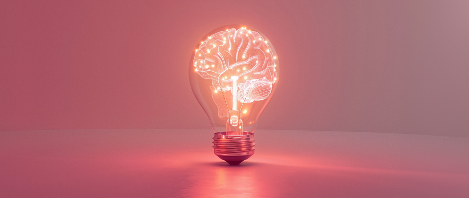 An illuminated lightbulb with a brain inside on a dark pink background.