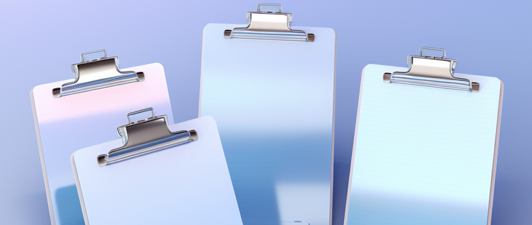 Four shiny clipboards on a light purple blue background.