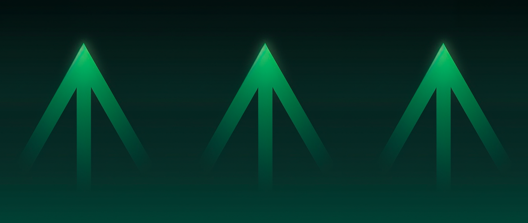 Three light green arrows pointing up on a dark green background.
