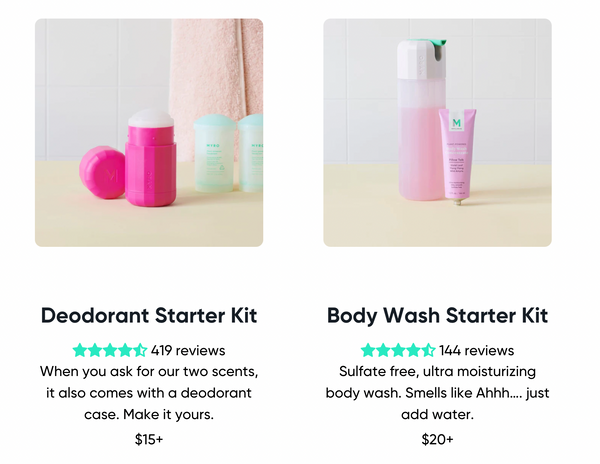 Myro’s product pages for deodorant and body wash starter kits