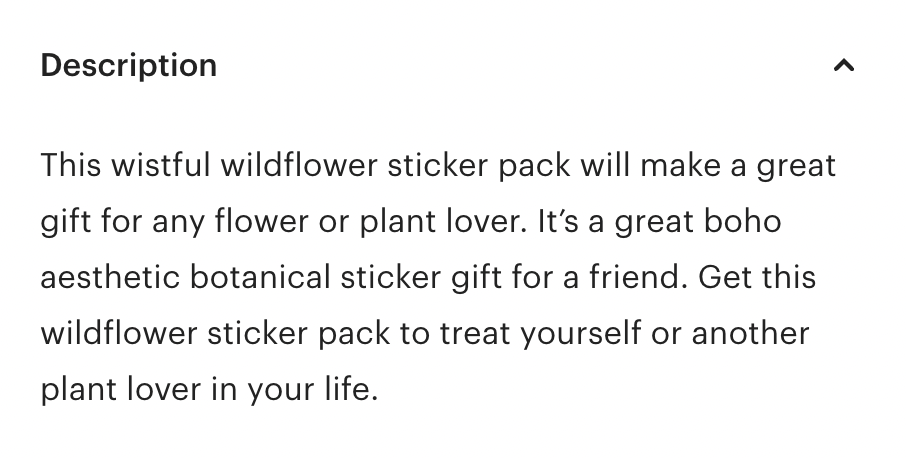 The product description for Love and Olive’s Wistful Wildflower Sticker Pack including keywords.