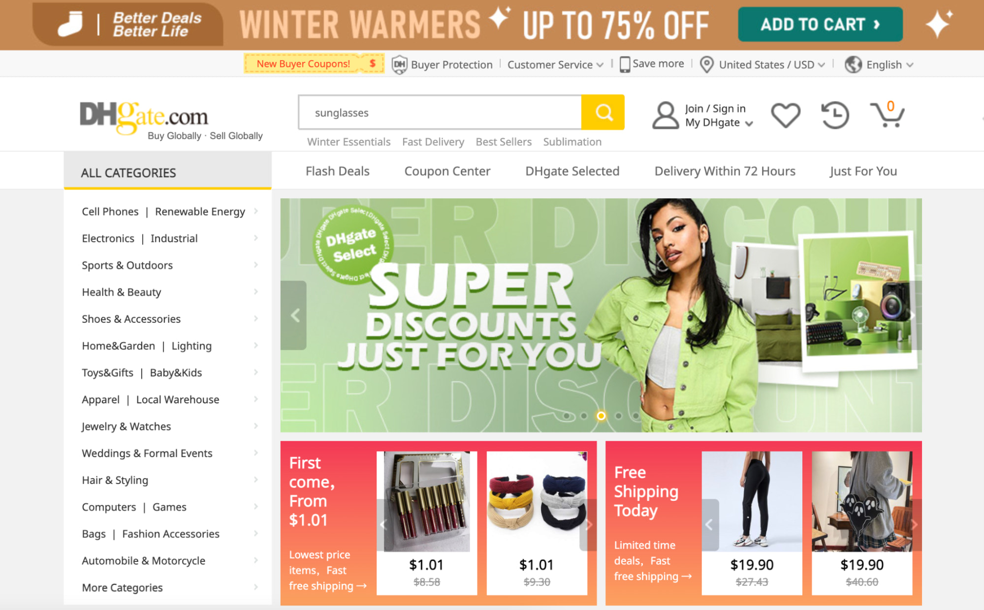 Image of DHGate wholesale supplier website promoting discounts
