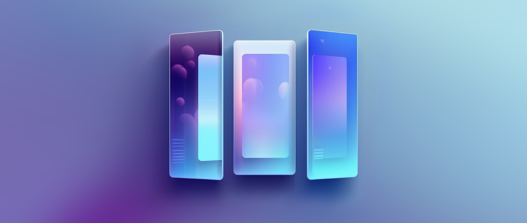 Three screens reflecting shapes and colors on a purple and blue background.