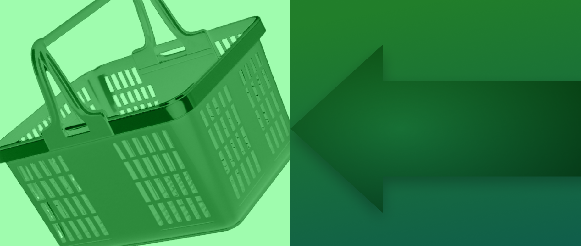 An image of a green shopping basket on a light green background next to a dark green arrow pointing left on a green background.
