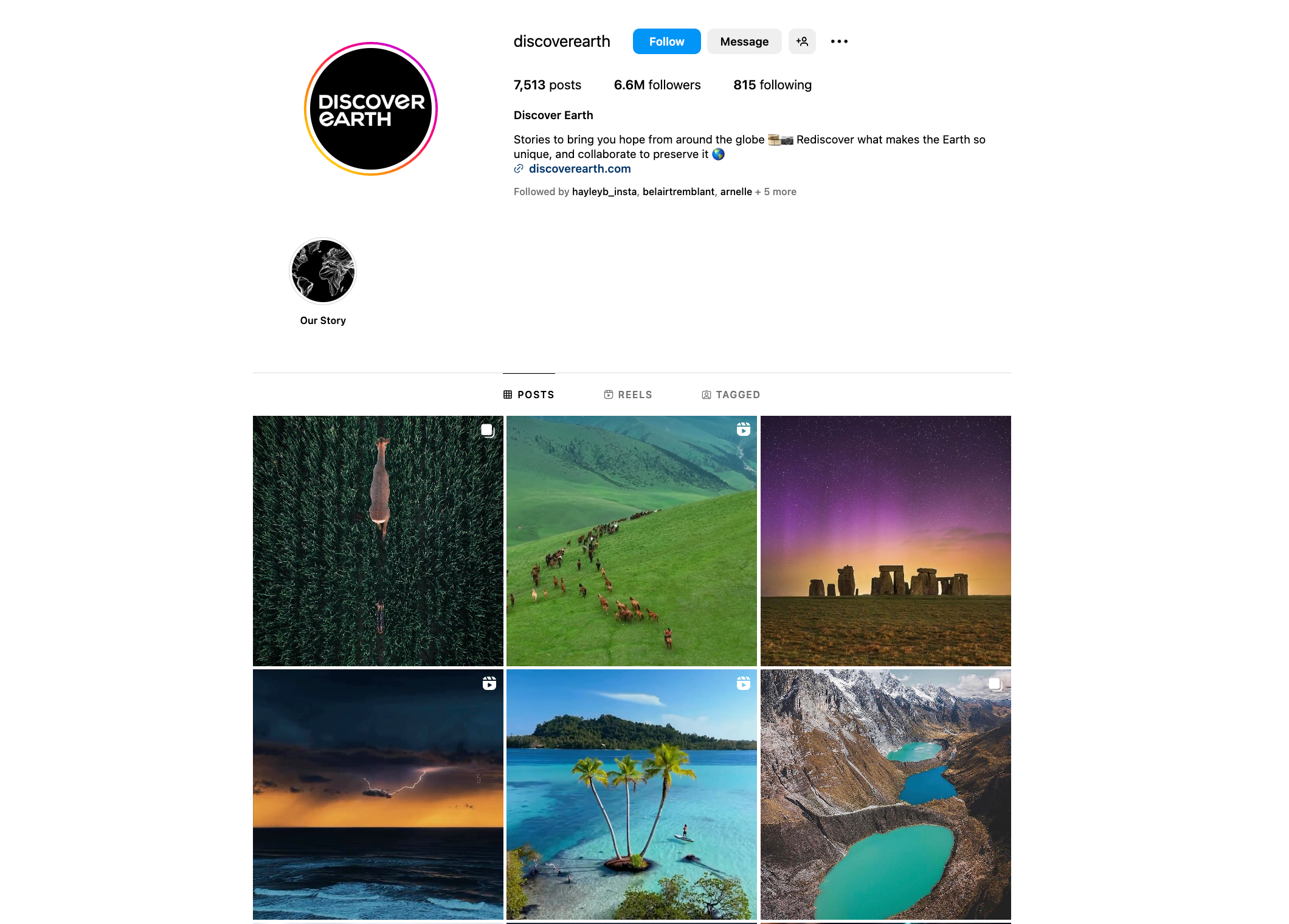 Instagram bio page for Discover Earth