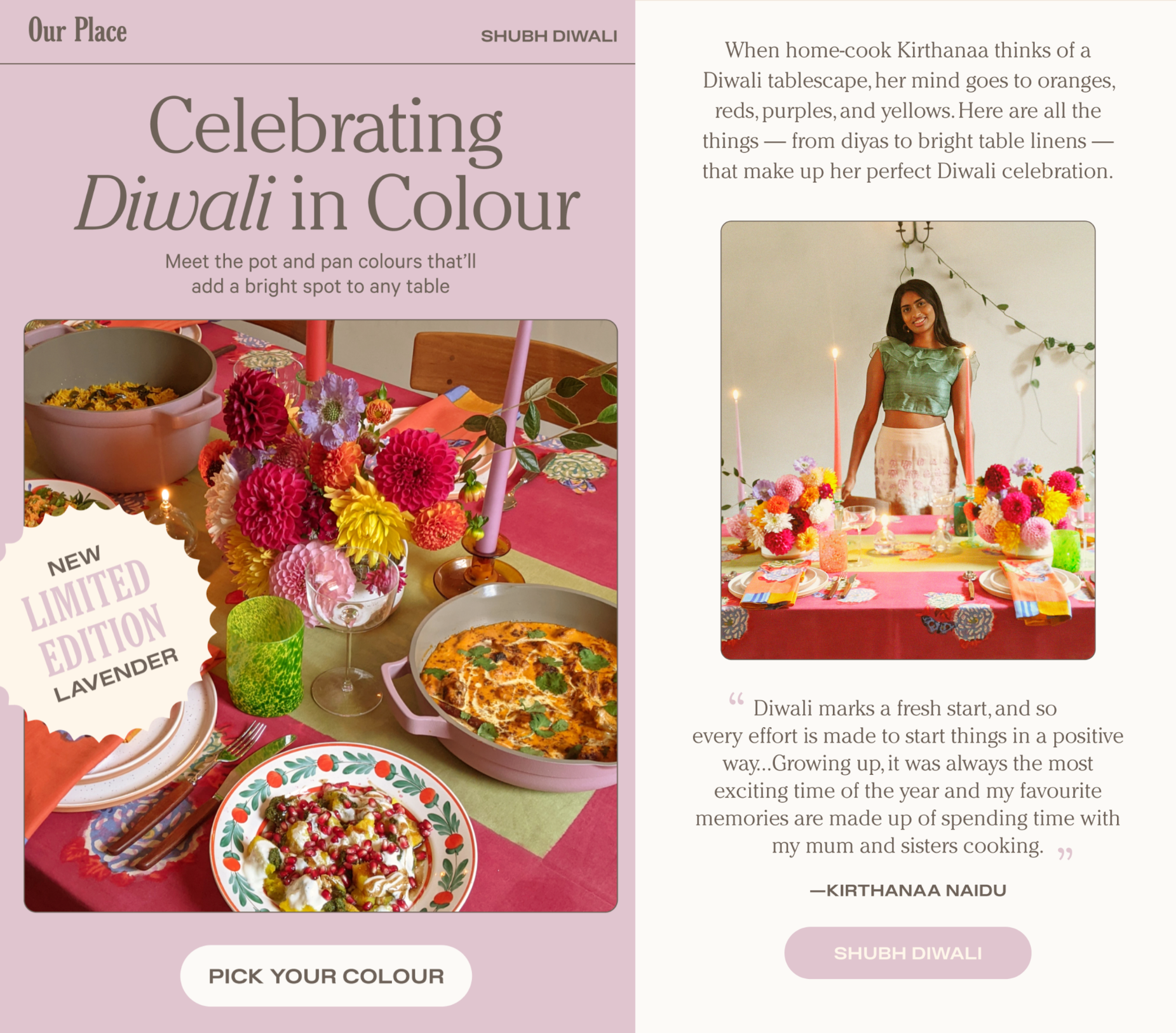 Our Place Diwali celebration with colorful tablescape and limited edition lavender cookware.