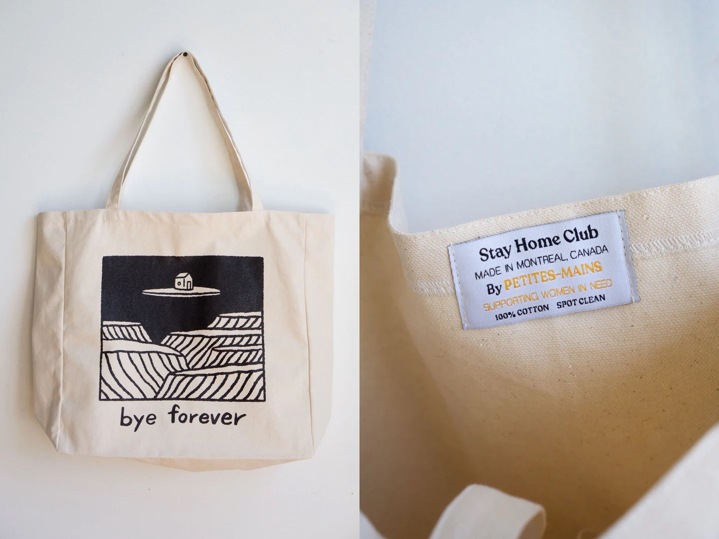 Side by side images of two views of a canvas printed tote bag