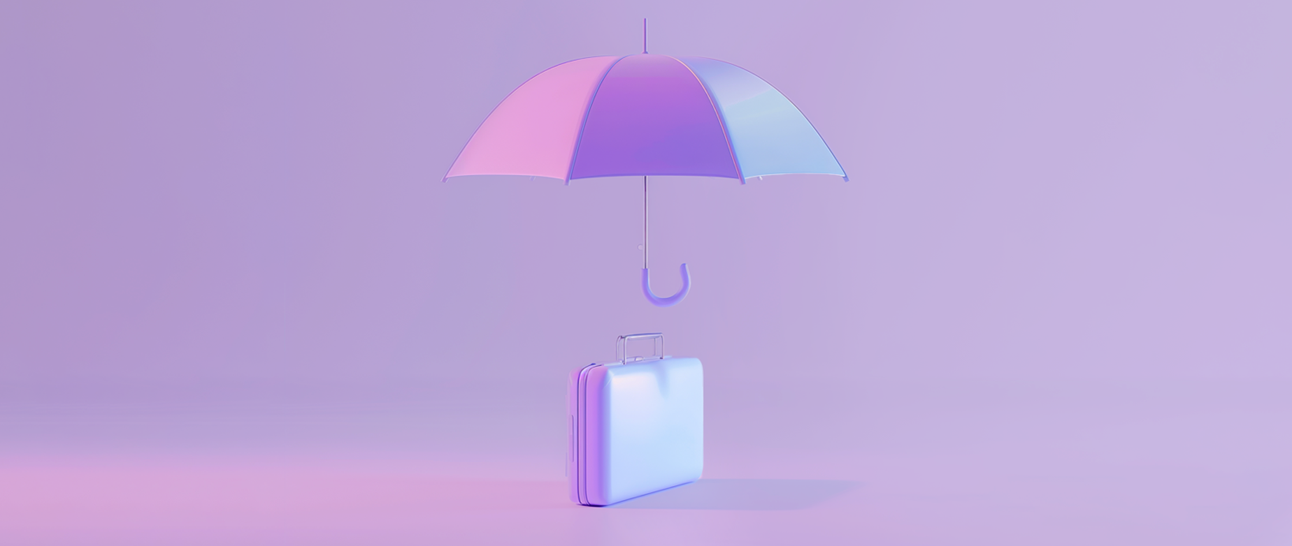 A briefcase with an open umbrella over it on a purple background.