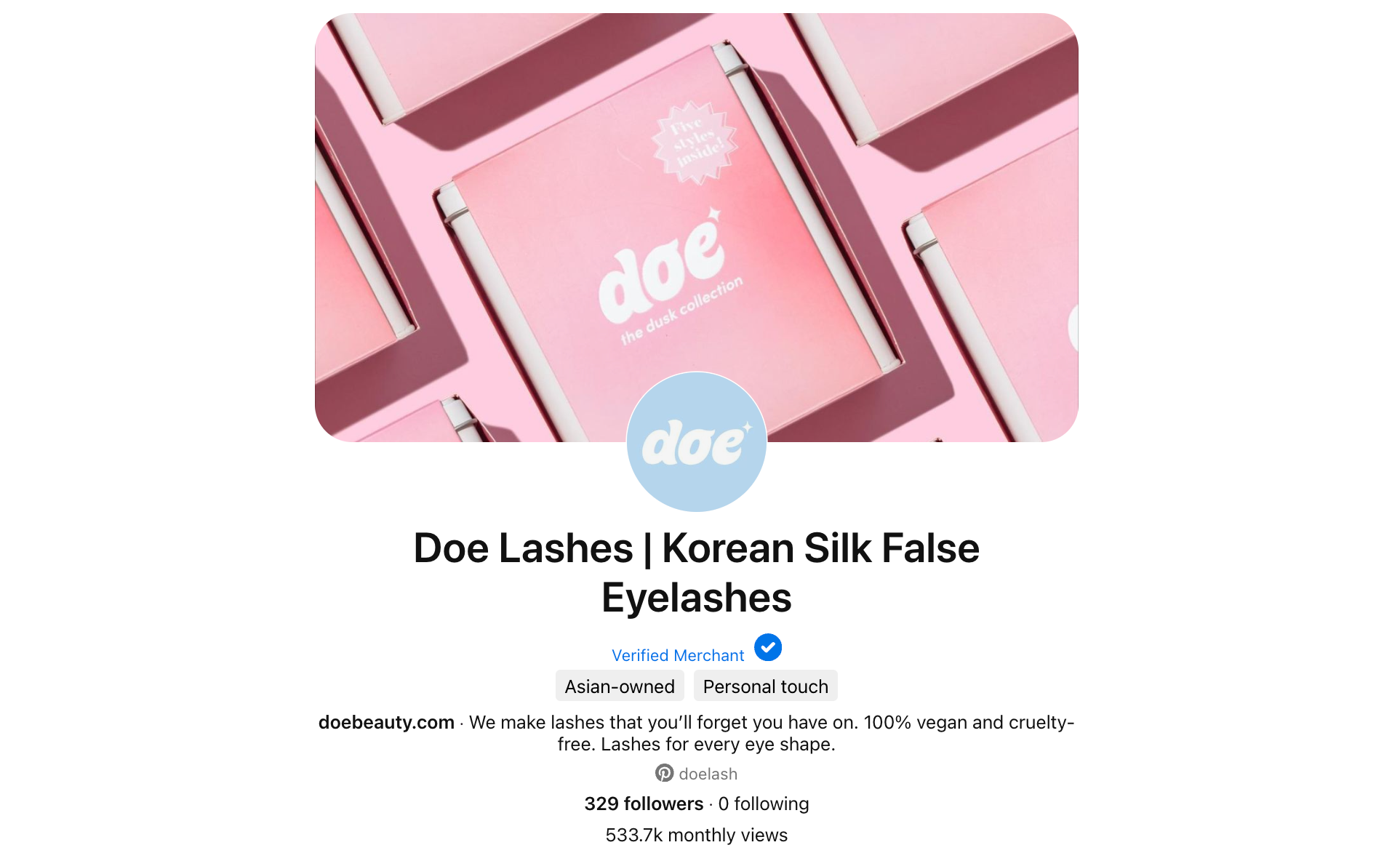 Pinterest bio and page for Doe Lashes