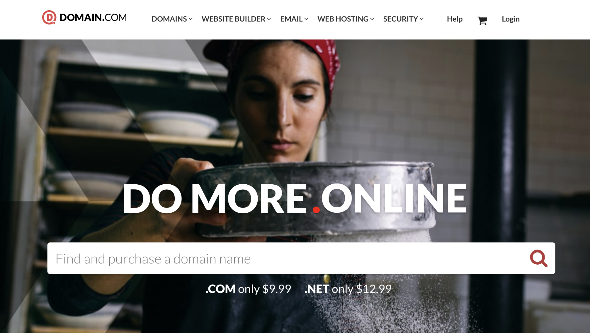 domain.com homepage die een kok toont met een rode bandana die een pot roert