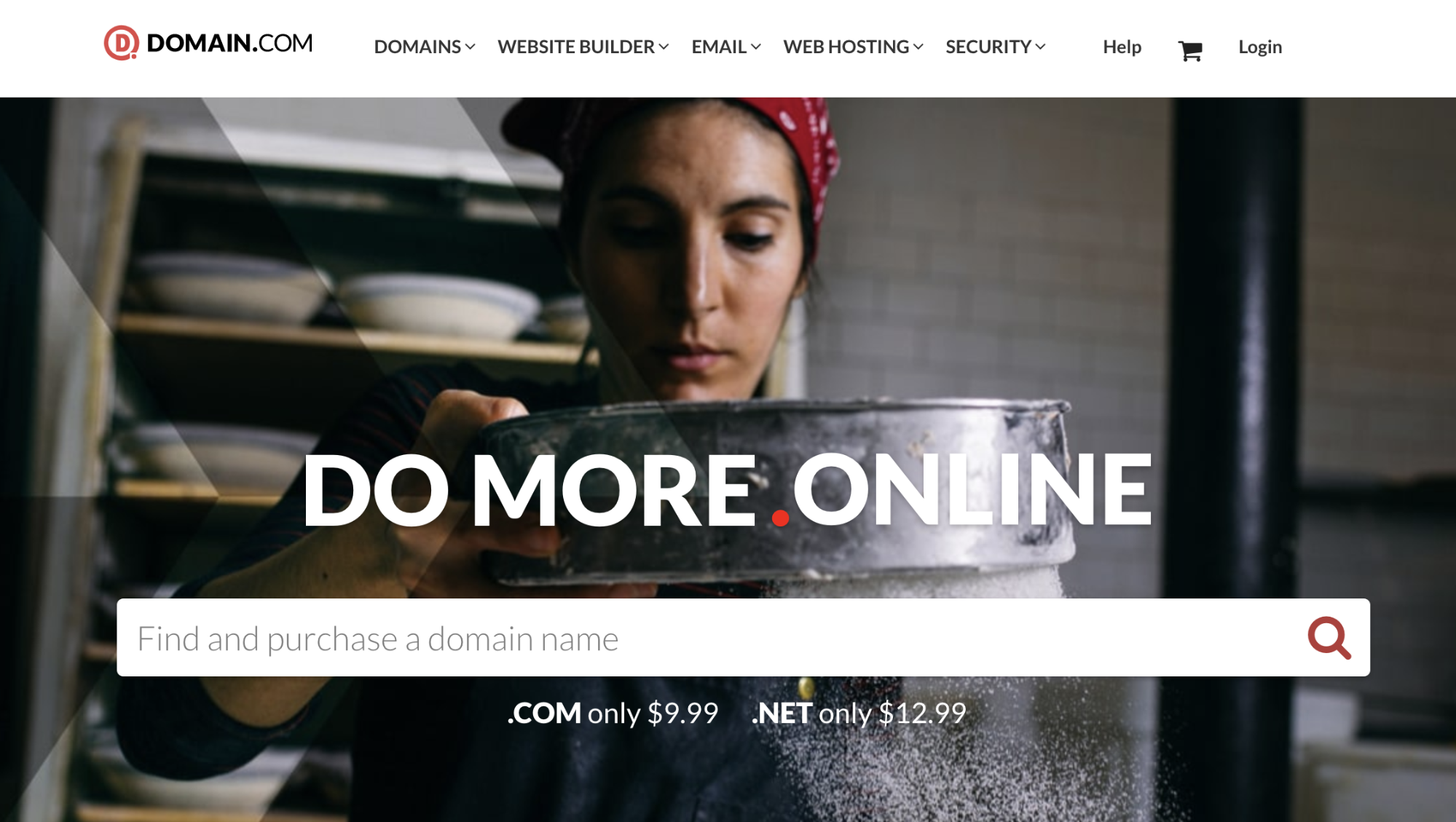 domain.com homepage showing a cook with a red bandana stirring a pot