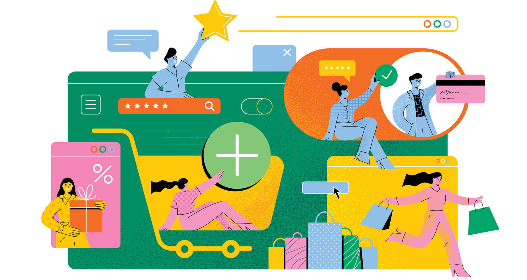 Illustration of several characters holding up elements of a website that make up core components of online shopping