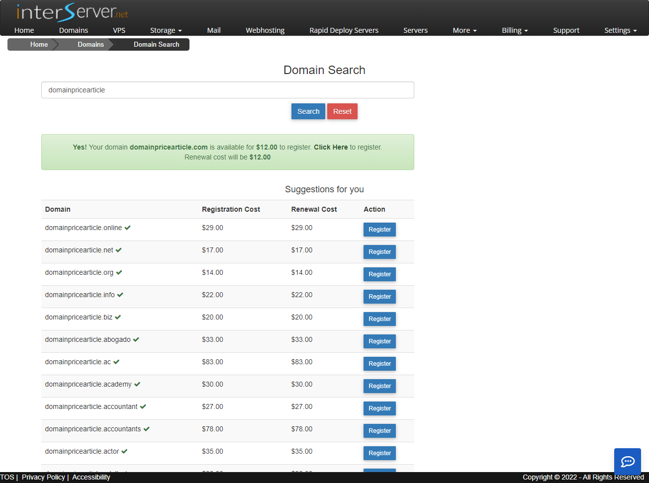 domain renewal prices InterServer