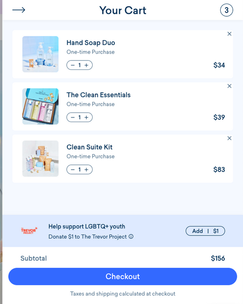 Checkout cart of an ecommerce site that has a nonprofit donation option as part of the experience