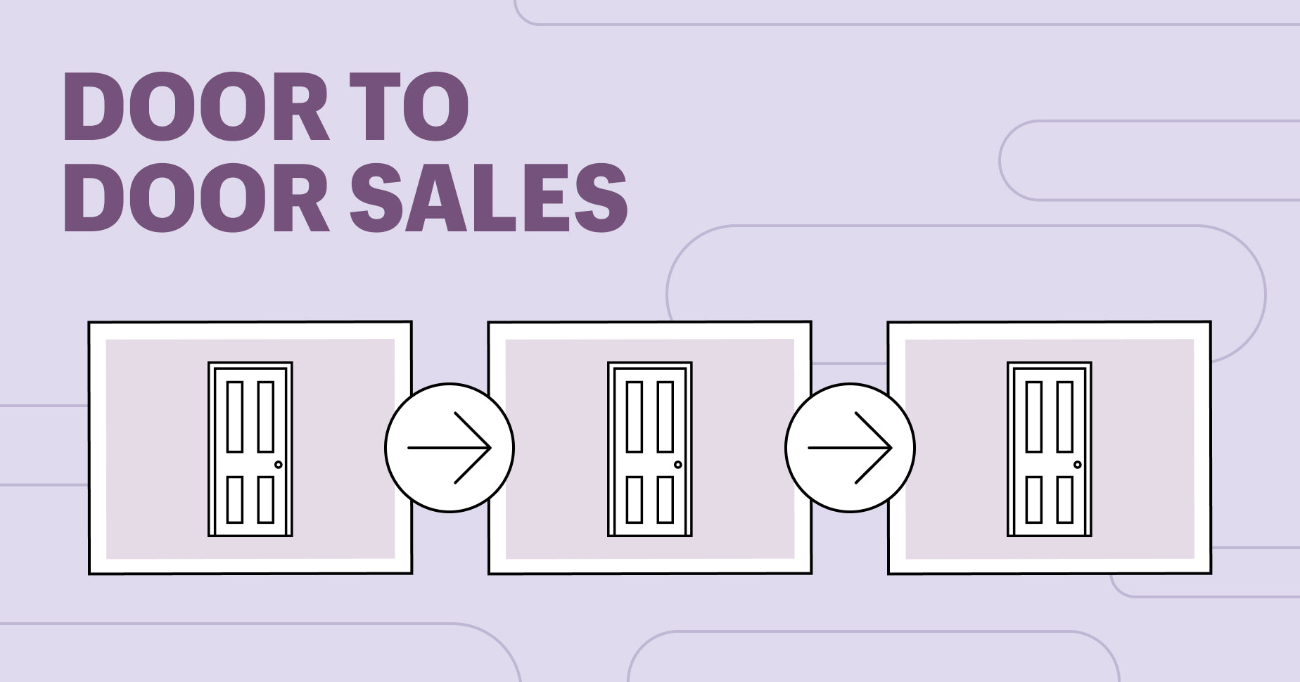 Graphic that says "door to door sales" on the top left. Underneath from left to right is three doors in a box with directional arrows pointing to the right.