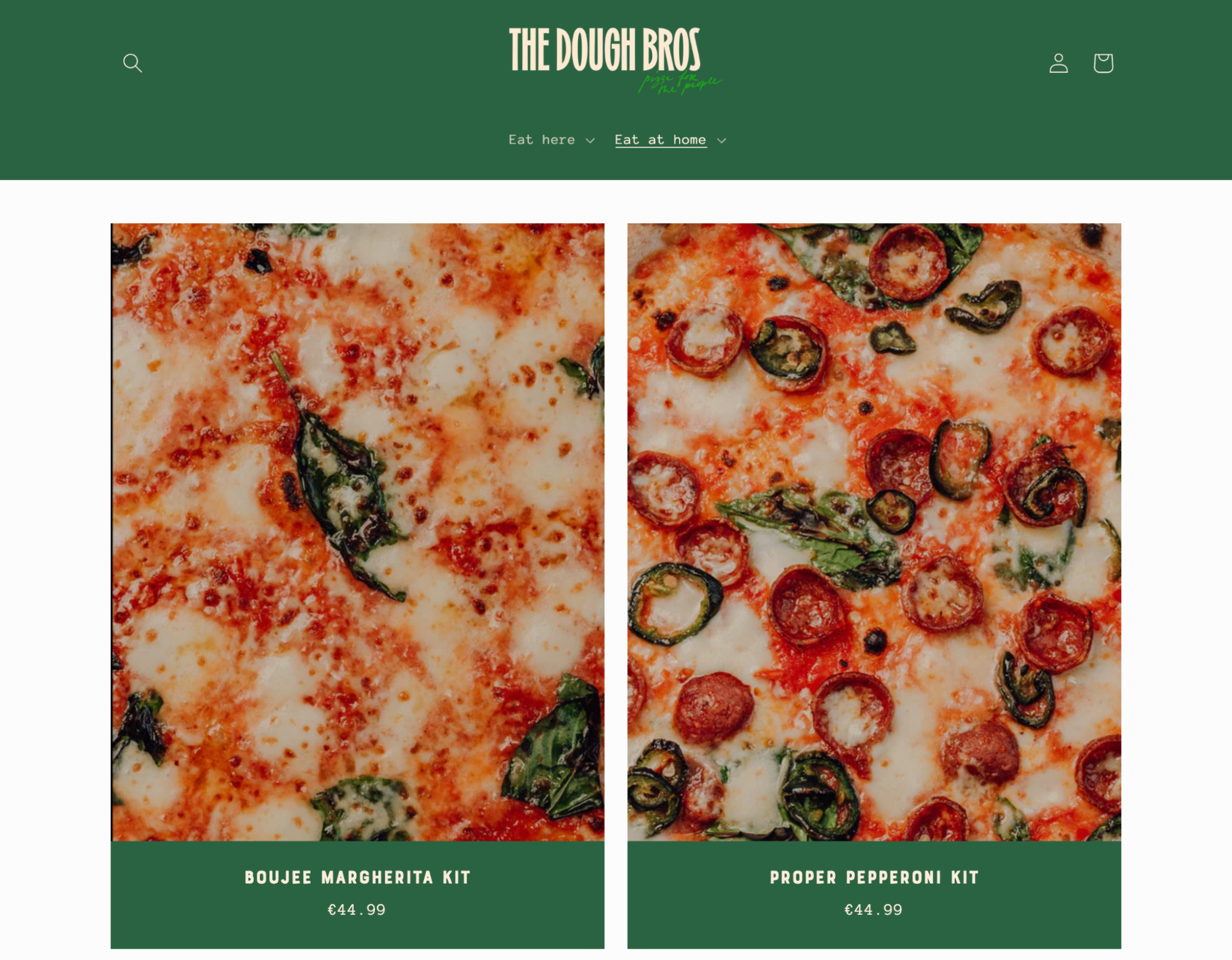 The Dough Bros pizza kit page featuring close ups of the margherita and pepperoni pizza kits