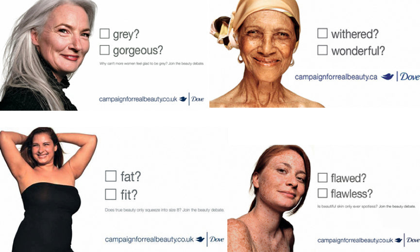 Marketing banners for Dove’s Campaign For Real Beauty showing four women looking relaxed and happy.