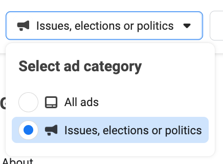 Meta Ad Library ad categories dropdown menu featuring “Issues, elections or politics” category