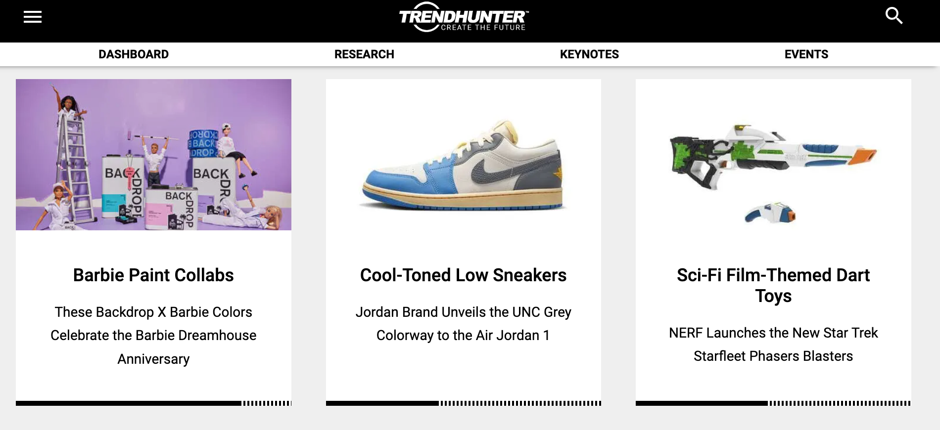 Trendhunter’s recent trend articles for Barbie paint collabs, cool-toned low sneakers, and sci-fi dart toys.