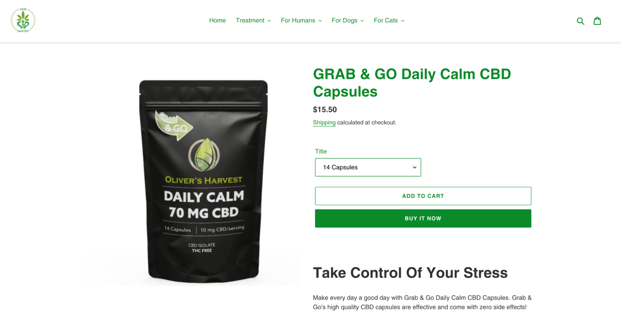 Product page showing a dropshipped pack of CBD capsules.