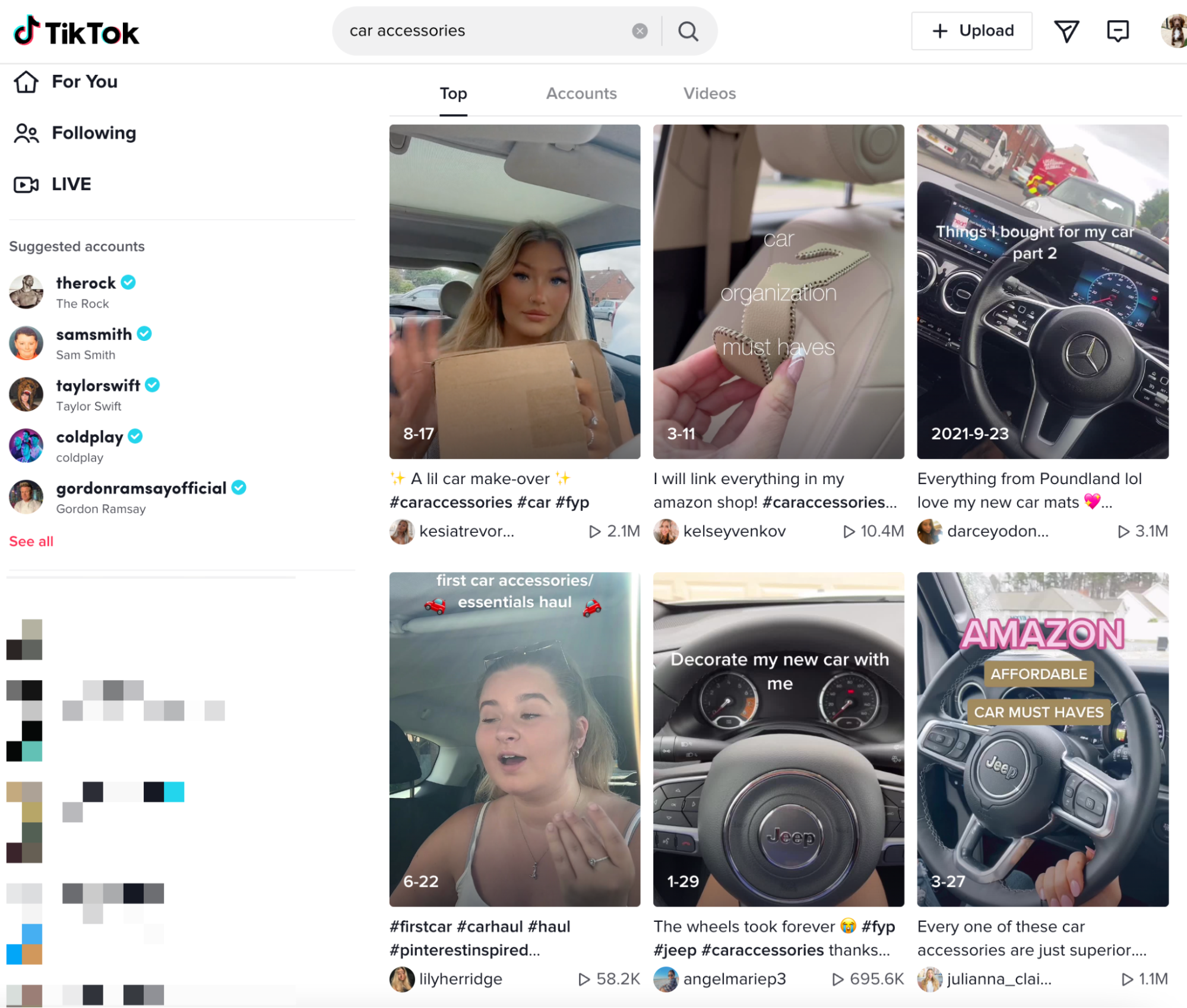 TikTok search results showing six videos in which users share their favorite car accessories.