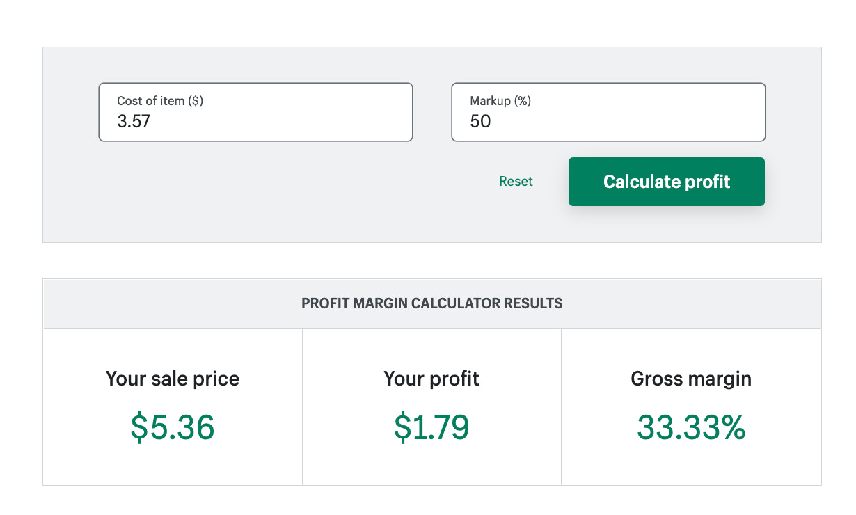 Screenshot of how the item cost, markup, and sale price impact profit and gross margins.