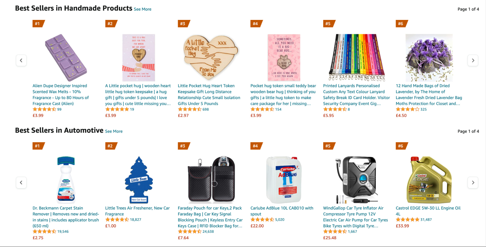 Amazon bestsellers for handmade and automotive products.