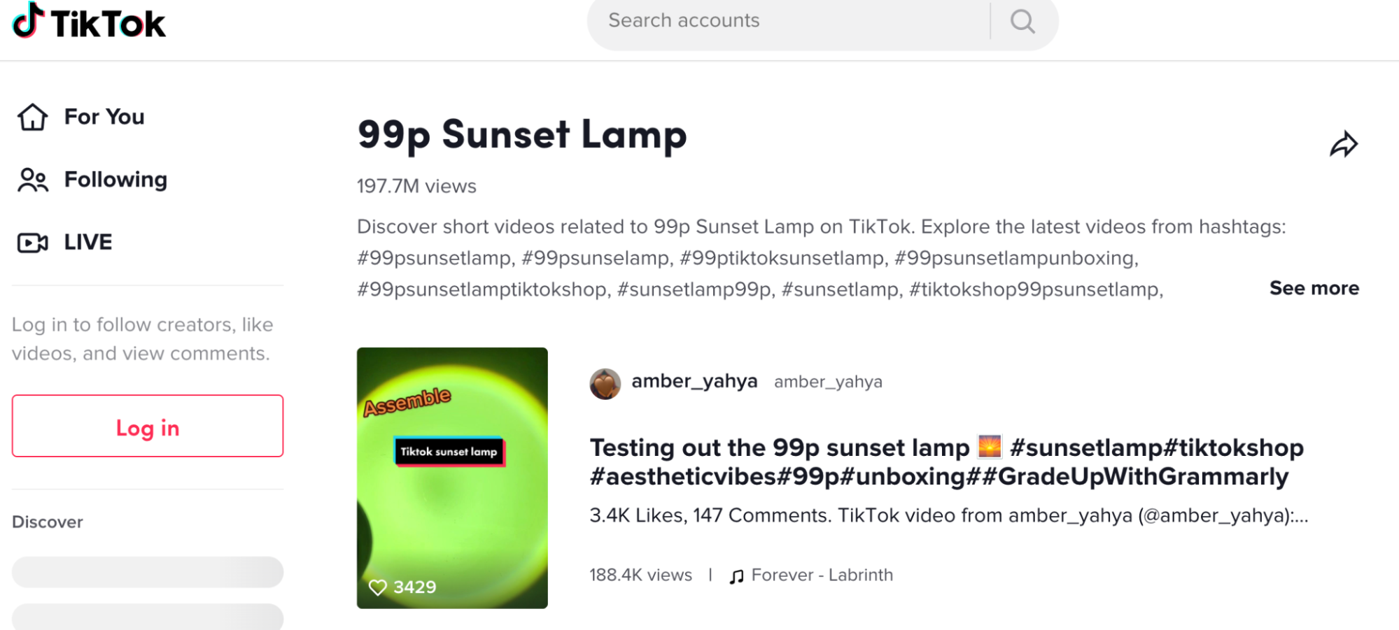 Screenshot of TikTok search results for “sunset lamp” showing 197.7 million video views.