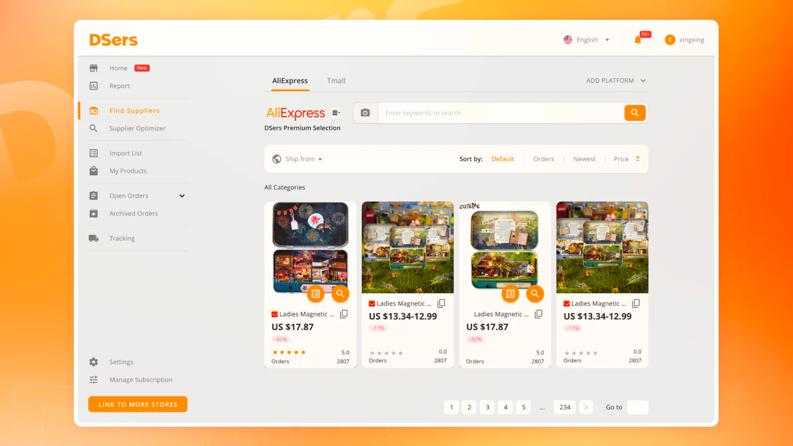 A supplier search on the DSers app, showing products available for sourcing from the marketplace AliExpress.