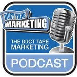 The Duct Tape Marketing podcast logo. Blue background with white text and an image of a microphone. 