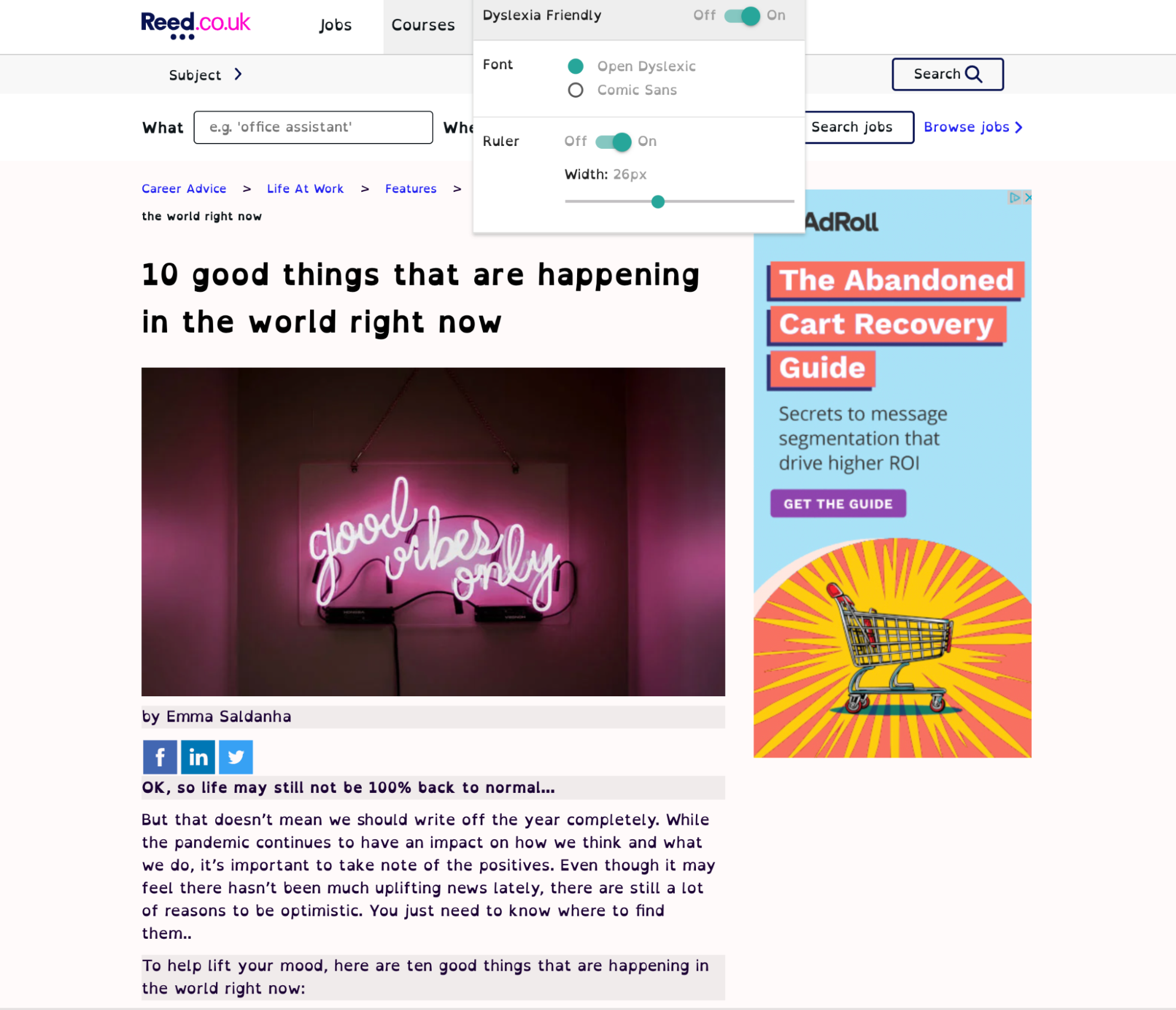 Web page titled ’10 good things happening in the world,’ with dyslexia-friendly text.