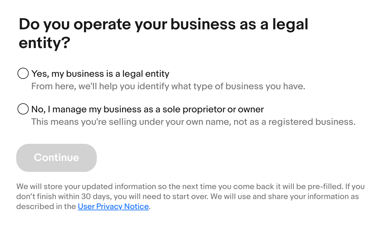 EBay business account setup interface.