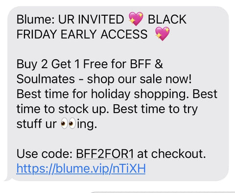 An SMS message promotes an early access Black Friday deal with emojis and a discount code.