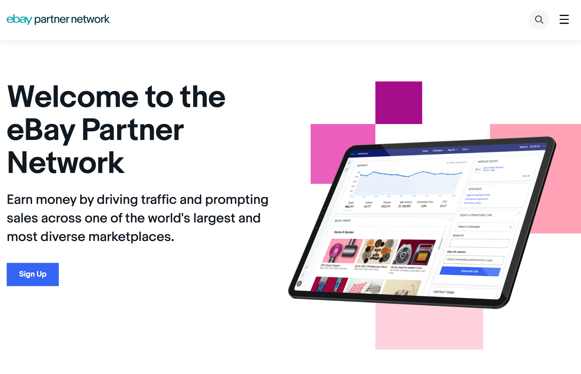 Ebay partner network capture d'écran avec ipad et motifs roses.