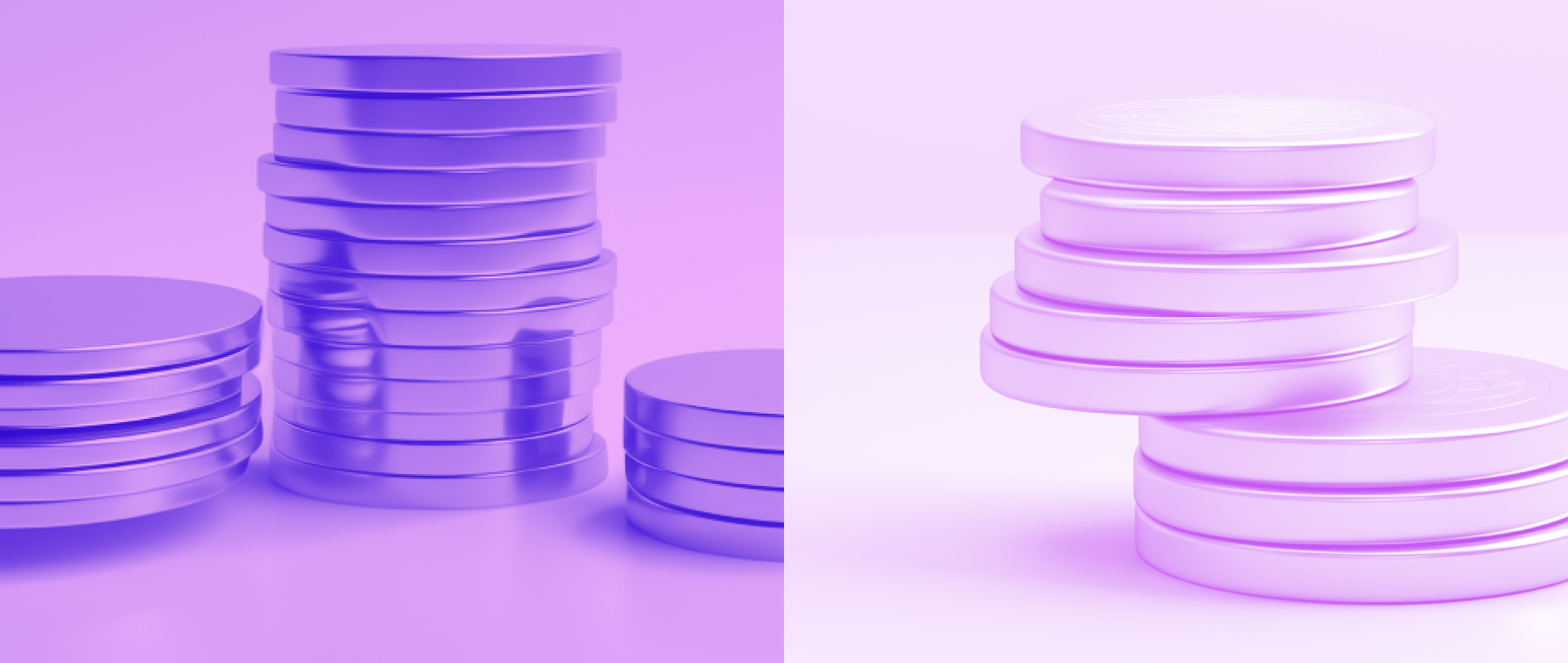 Stacks of dark purple coins on a purple background next to stacks of light purple coins on a light purple background.