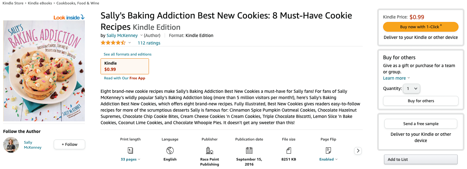 A screenshot of Sally's Baking Recipes cookie ebook on Amazon