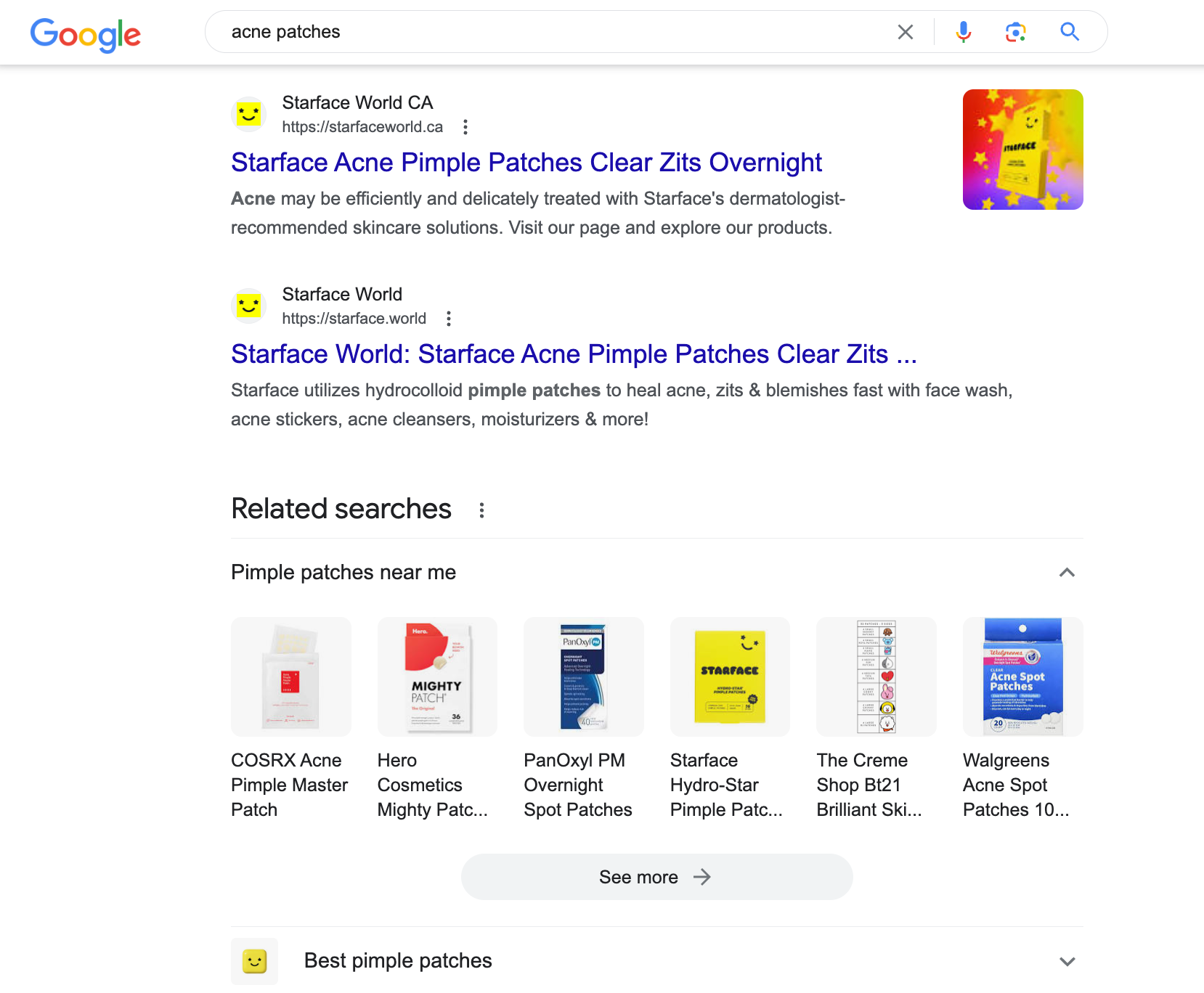 Google SERP showing results for keyword "acne patches"